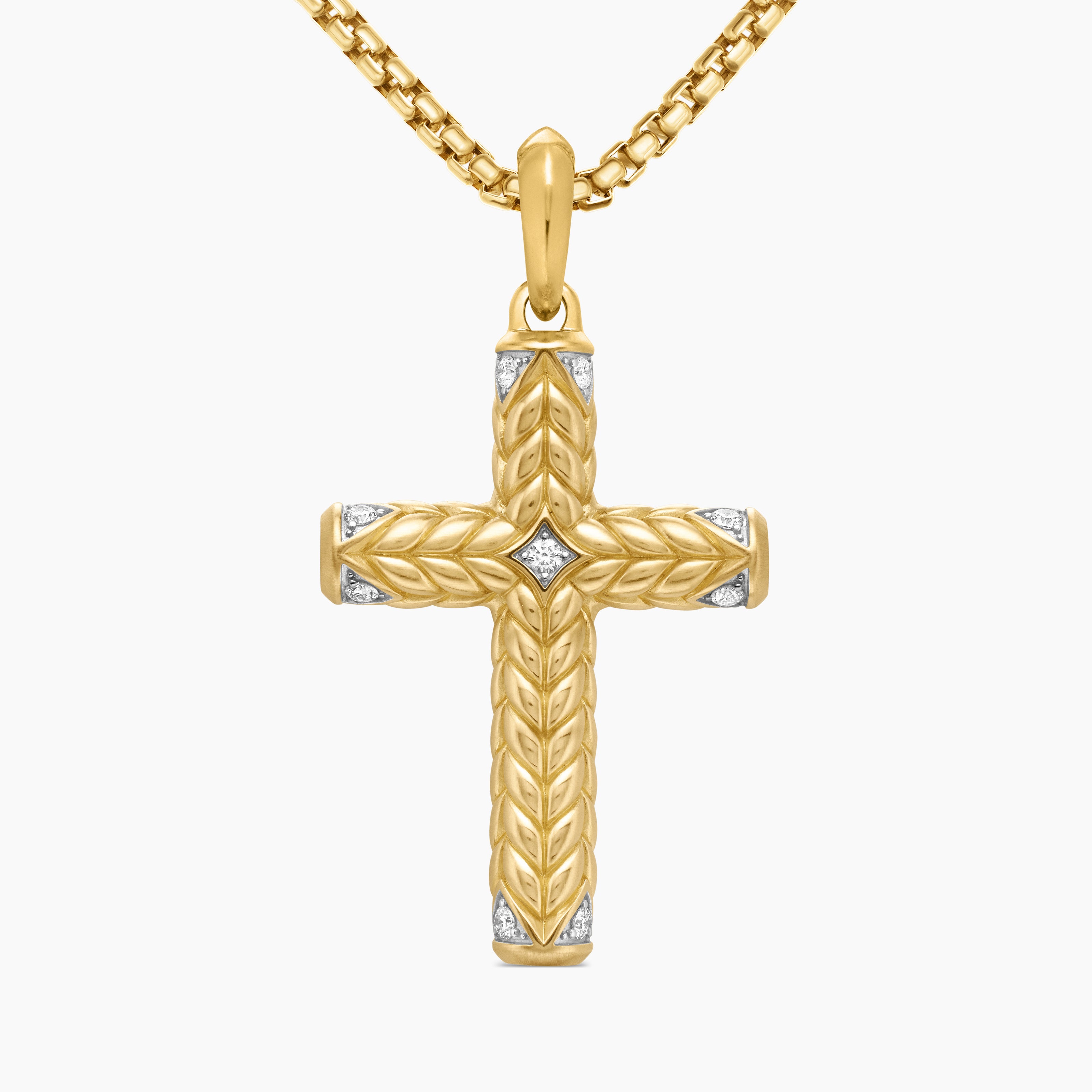 Mens Chevron Cross Pendant in 18K Yellow Gold with Diamonds, 36mm
