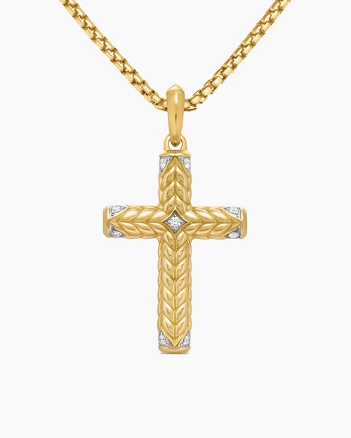 Mens Chevron Cross Pendant in 18K Yellow Gold with Diamonds, 36mm