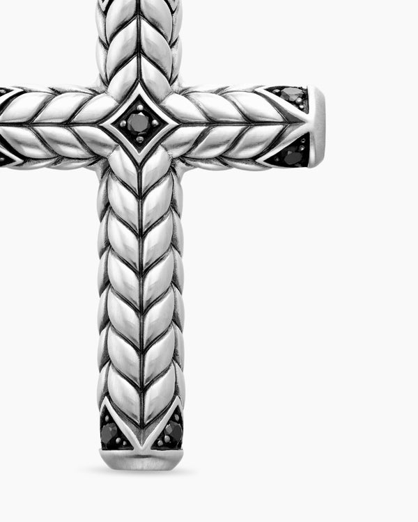 Chevron Cross Pendant in Sterling Silver with Black Diamonds, 36mm
