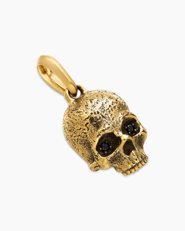 Amulette crâne Memento Mori en or jaune 18 carats avec pavé de diamants noirs, 18 mm
