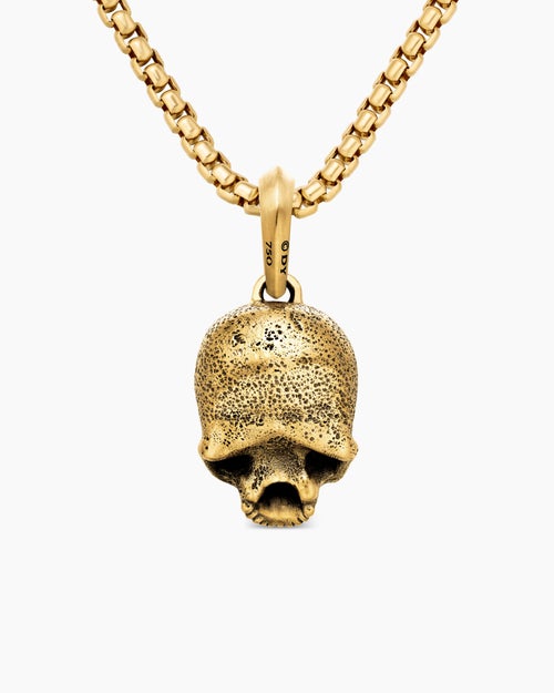 Mens Memento Mori Skull Amulet in 18K Yellow Gold with Pavé Black Diamonds, 18mm