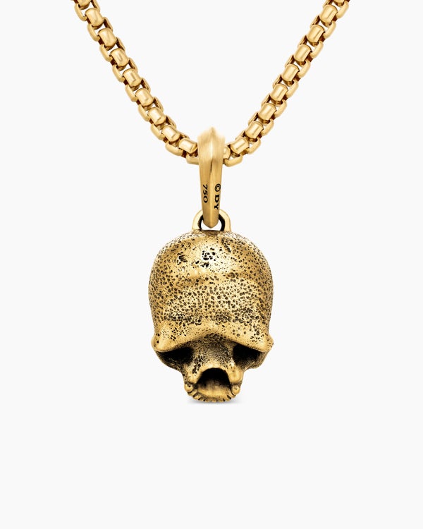 Amulette crâne Memento Mori en or jaune 18 carats avec pavé de diamants noirs, 18 mm