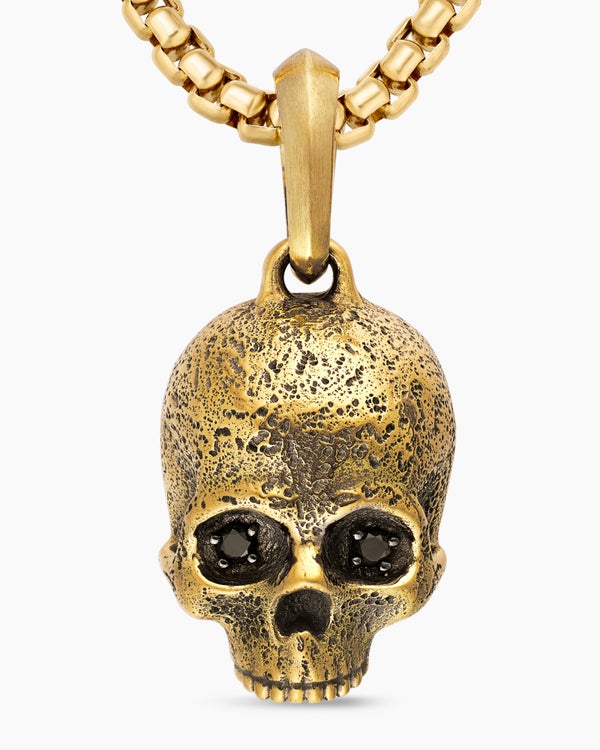 Amulette crâne Memento Mori en or jaune 18 carats avec pavé de diamants noirs, 18 mm