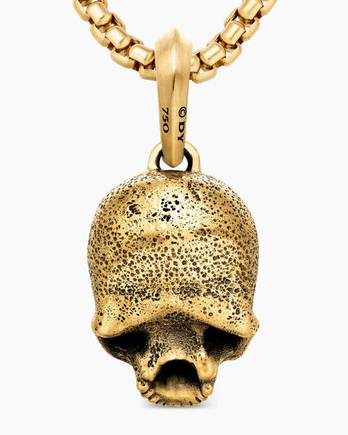 Mens Memento Mori Skull Amulet in 18K Yellow Gold with Pavé Black Diamonds, 18mm