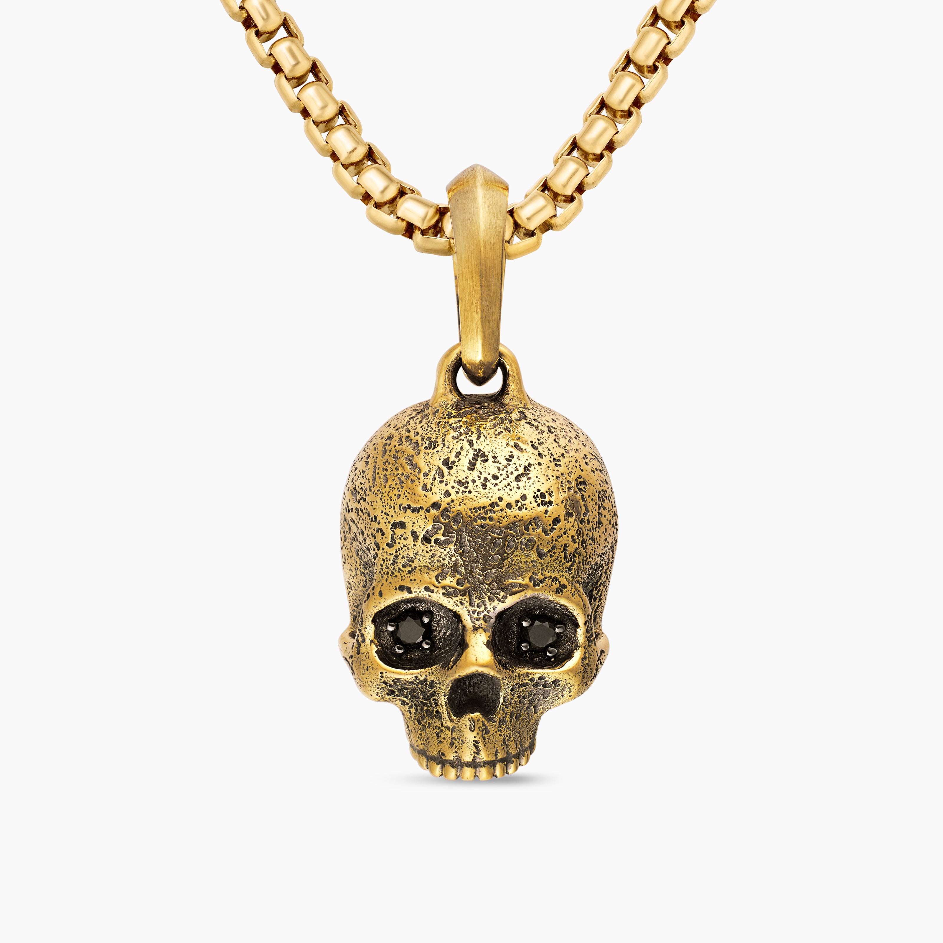 Mens Memento Mori Skull Amulet in 18K Yellow Gold with Pav&eacute; Black Diamonds, 18mm