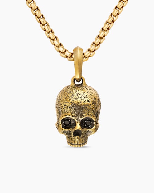 Mens Memento Mori Skull Amulet in 18K Yellow Gold with Pavé Black Diamonds, 18mm