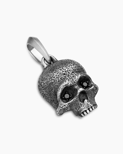 Mens Memento Mori Skull Amulet in Sterling Silver with Pavé Black Diamonds, 18mm