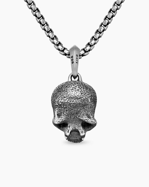 Mens Memento Mori Skull Amulet in Sterling Silver with Pavé Black Diamonds, 18mm