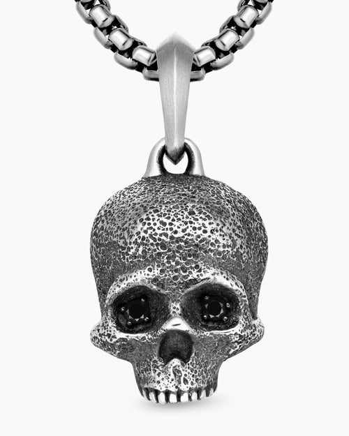 Mens Memento Mori Skull Amulet in Sterling Silver with Pavé Black Diamonds, 18mm