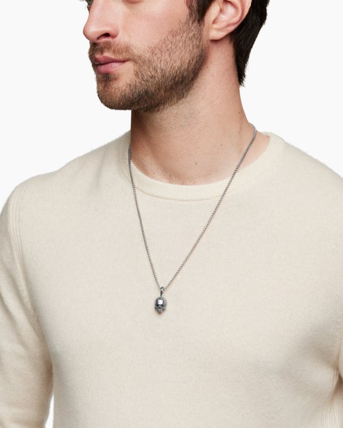 Mens Memento Mori Skull Amulet in Sterling Silver with Pavé Black Diamonds, 18mm