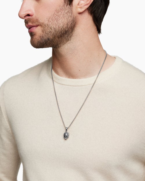 Mens Memento Mori Skull Amulet in Sterling Silver with Pavé Black Diamonds, 18mm