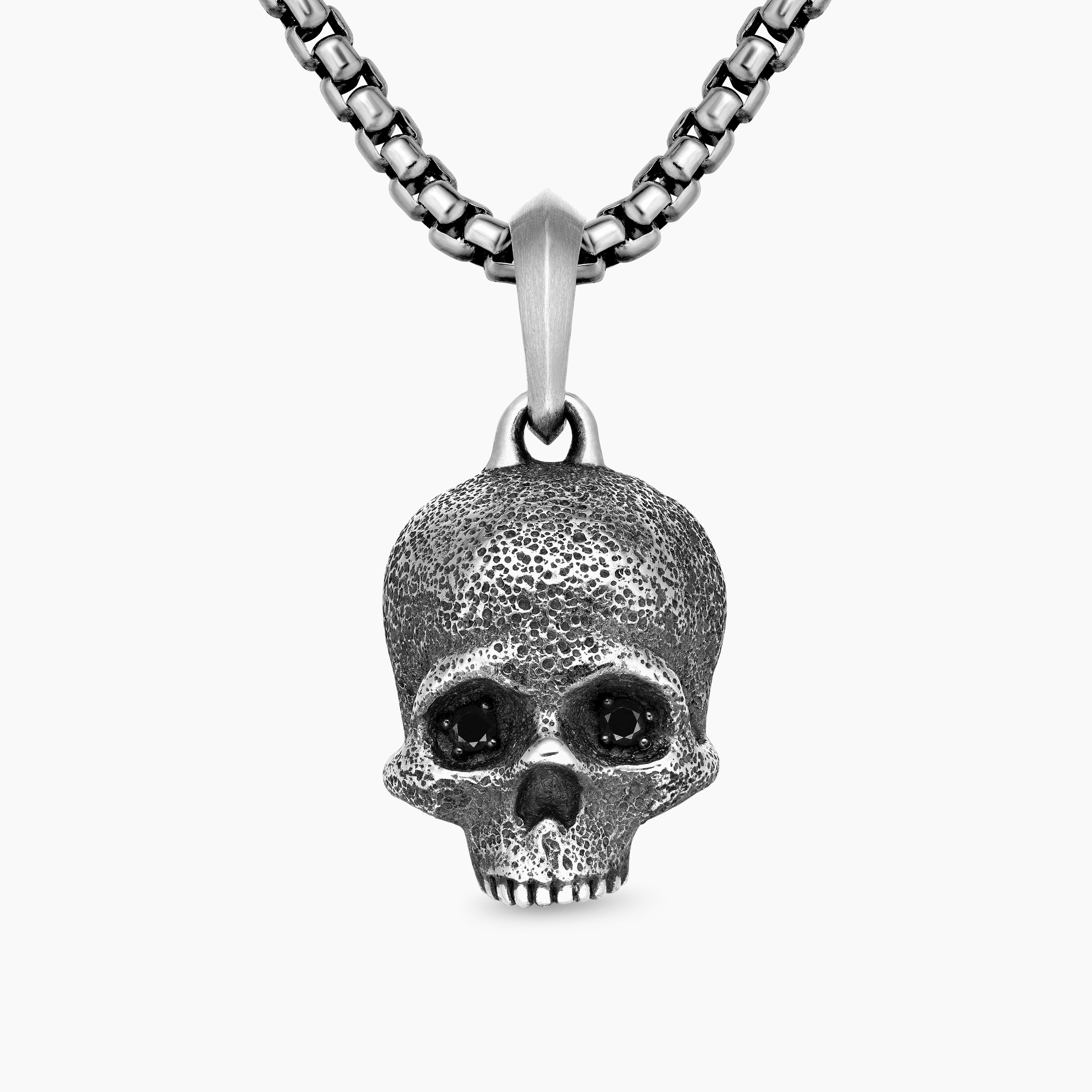 Mens Memento Mori Skull Amulet in Sterling Silver with Pav&eacute; Black Diamonds, 18mm
