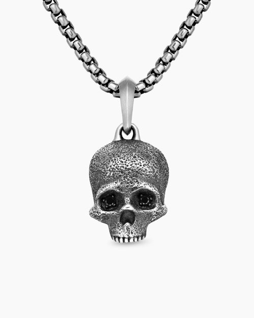 Mens Memento Mori Skull Amulet in Sterling Silver with Pavé Black Diamonds, 18mm