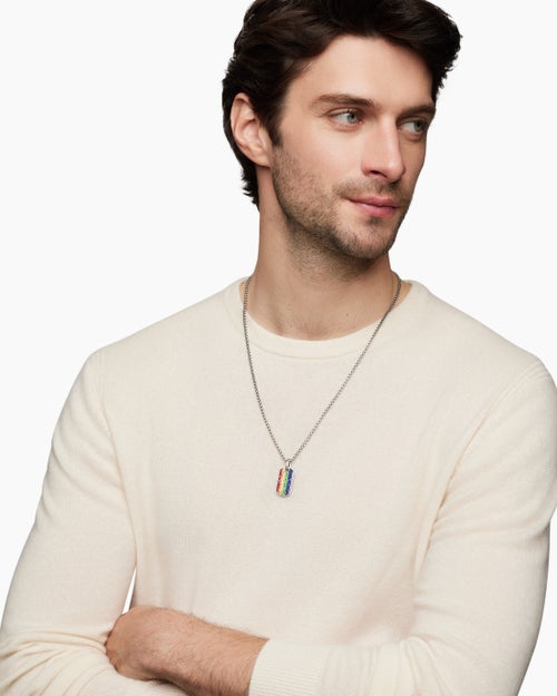 Mens Chevron Tag in Sterling Silver with Rainbow Pavé, 27mm