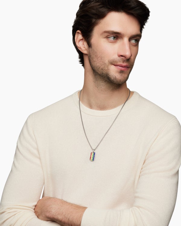 Chevron Tag in Sterling Silver with Rainbow Pavé, 27mm