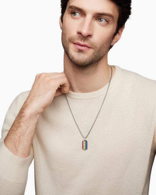 Mens Chevron Tag in Sterling Silver with Rainbow Pavé, 27mm