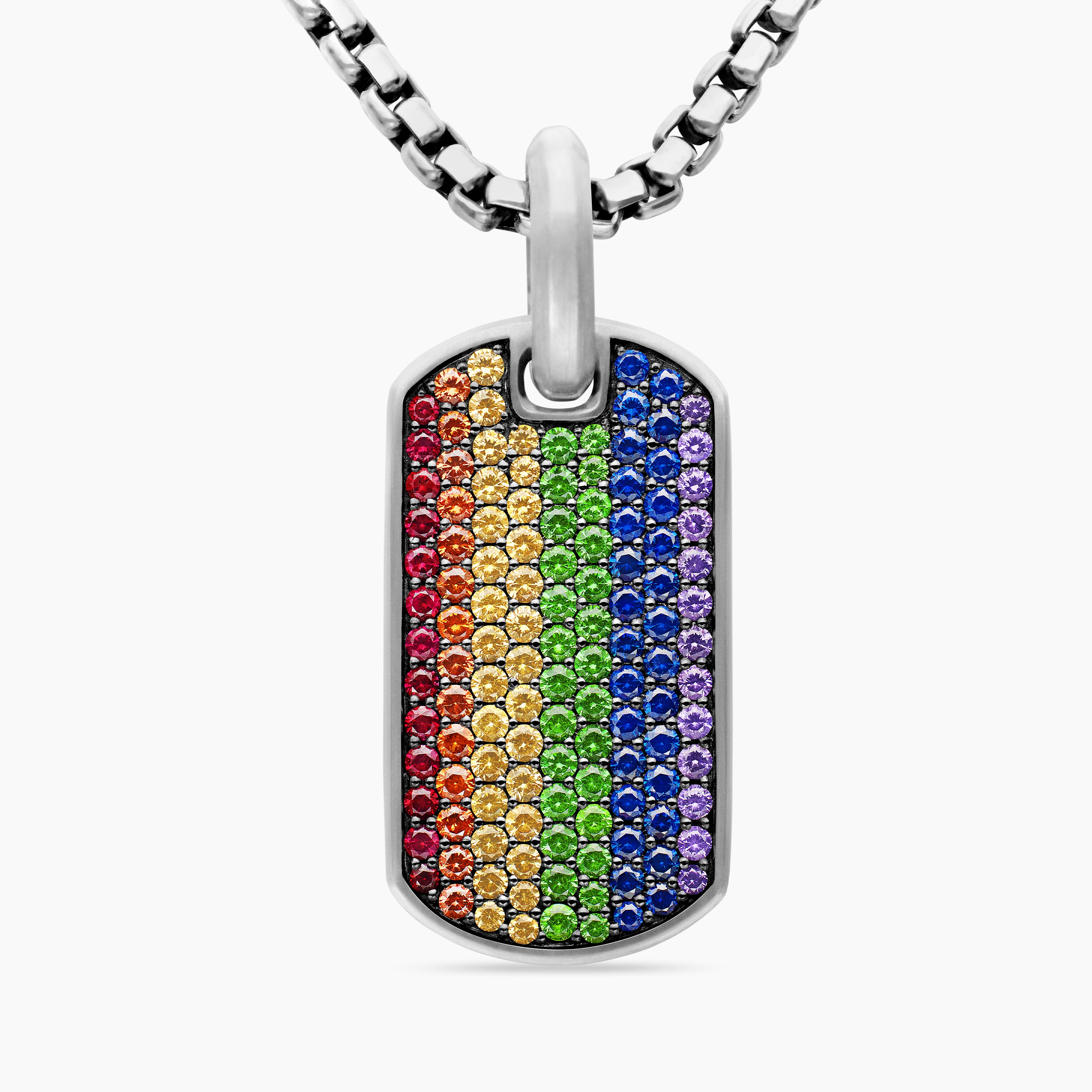 Mens Chevron Tag in Sterling Silver with Rainbow Pav&eacute;, 27mm