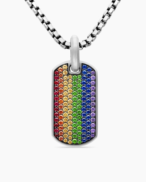 Mens Chevron Tag in Sterling Silver with Rainbow Pavé, 27mm