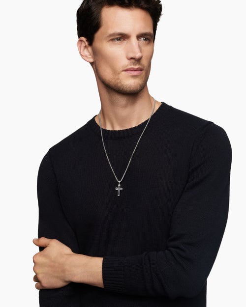 Mens Pavé Cross Pendant in Sterling Silver with Black Diamonds, 23mm