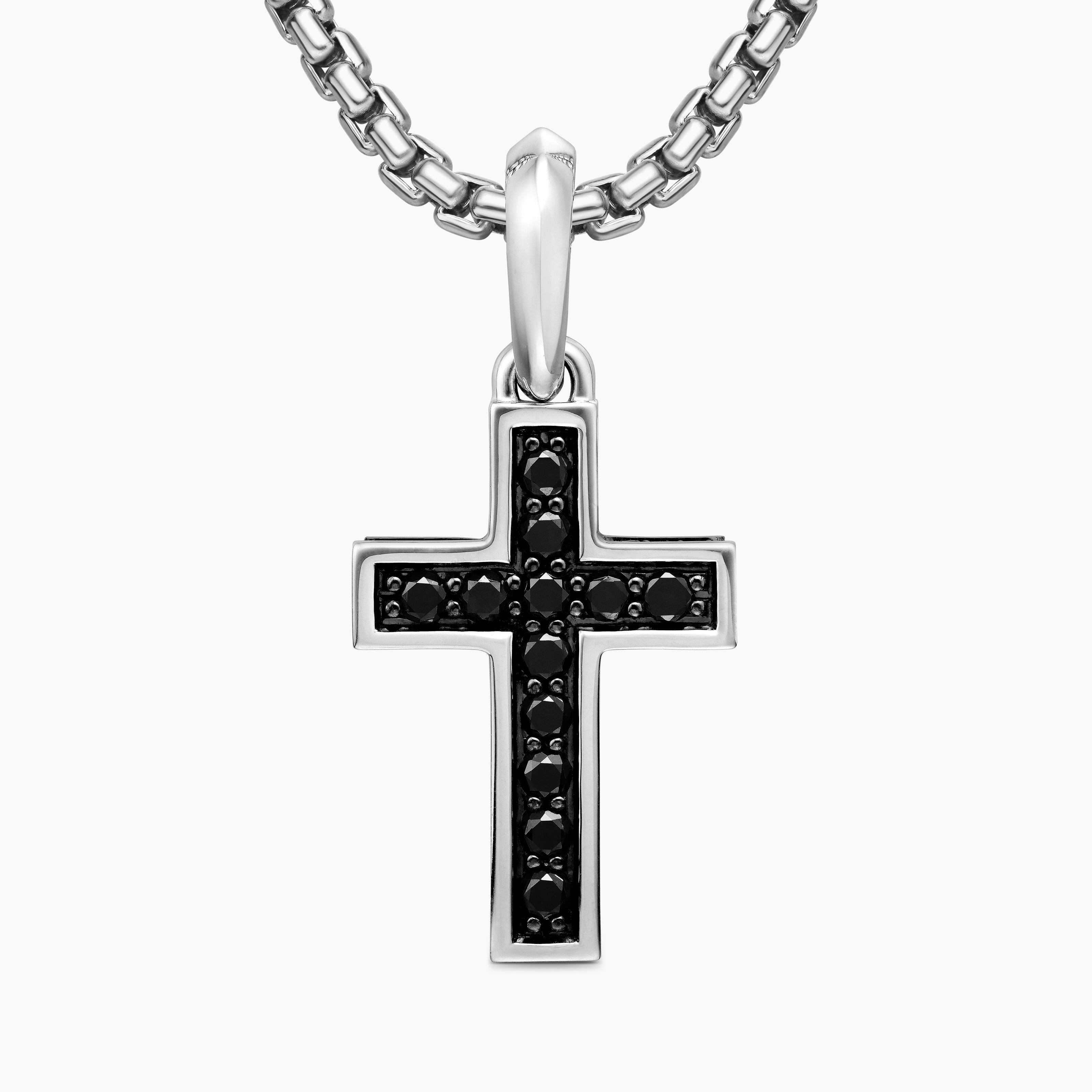 Mens Pav&eacute; Cross Pendant in Sterling Silver with Black Diamonds, 23mm