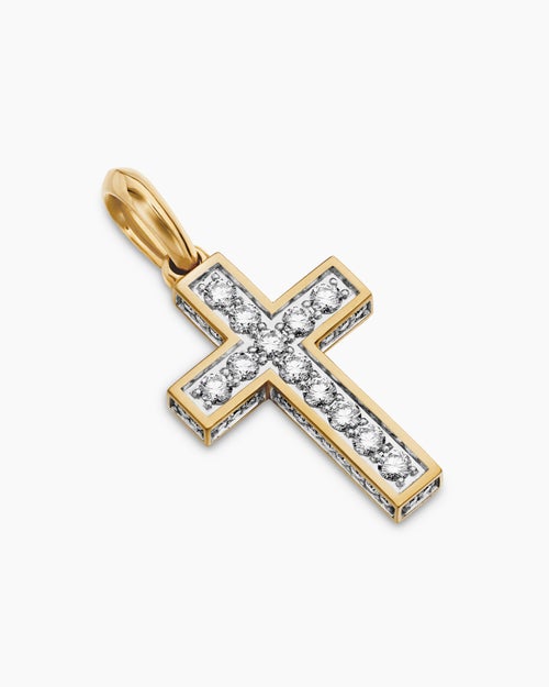 Mens Pavé Cross Pendant in 18K Yellow Gold with Diamonds, 28mm