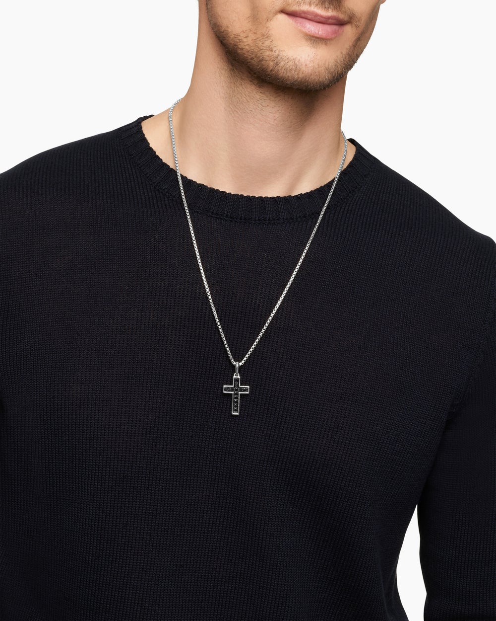 Mens Pavé Cross Pendant in Sterling Silver with Black Diamonds, 28mm