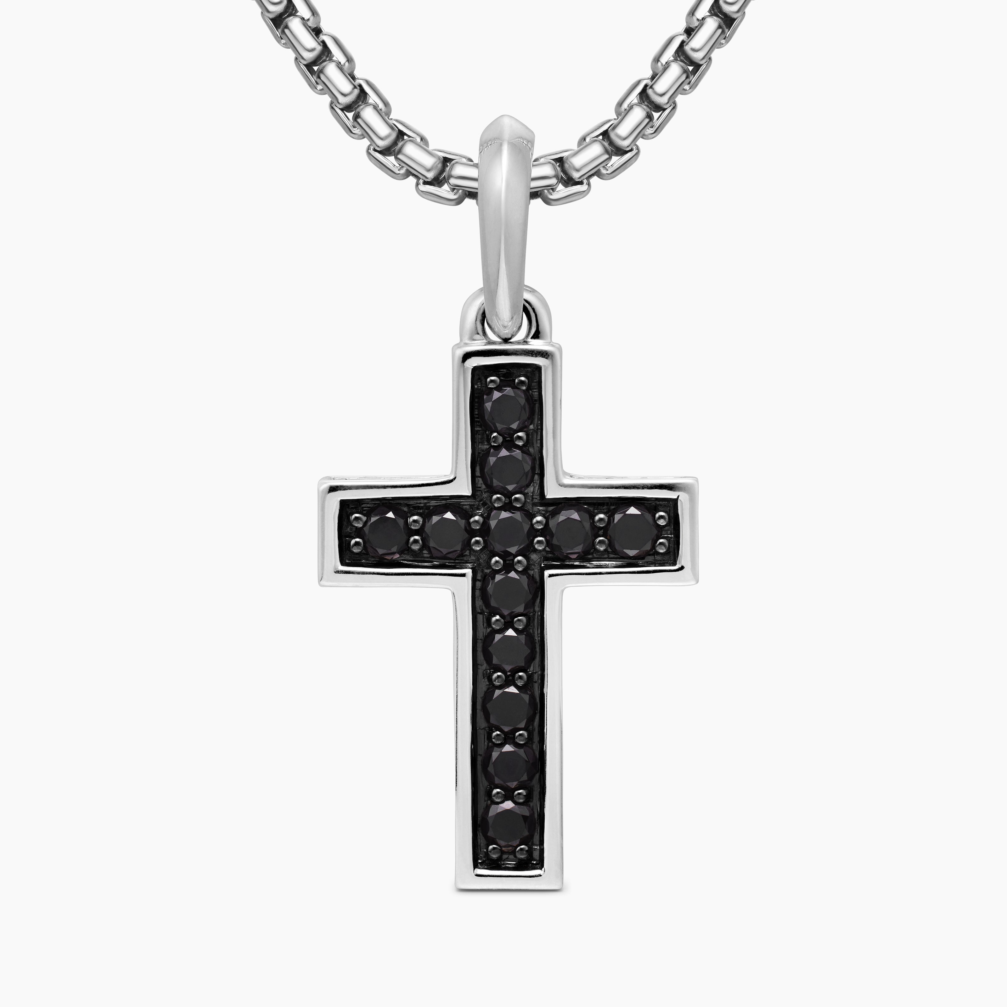 Mens Pav&eacute; Cross Pendant in Sterling Silver with Black Diamonds, 28mm