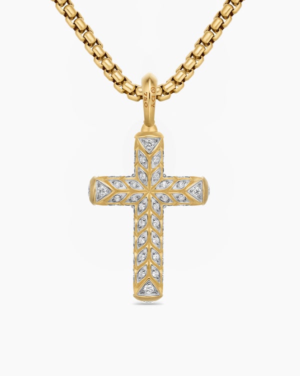 Chevron Cross Pendant in 18K Yellow Gold with Pavé Diamonds, 36mm