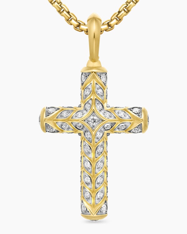 Chevron Cross Pendant in 18K Yellow Gold with Pavé Diamonds, 36mm