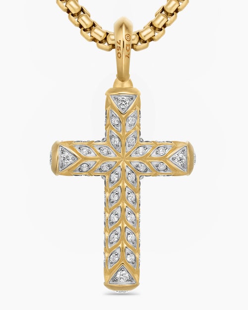 Mens Chevron Cross Pendant in 18K Yellow Gold with Pavé Diamonds, 36mm