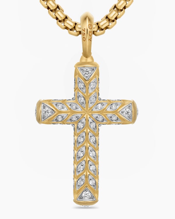Chevron Cross Pendant in 18K Yellow Gold with Pavé Diamonds, 36mm