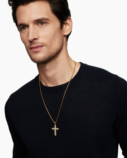Mens Chevron Cross Pendant in 18K Yellow Gold with Pavé Diamonds, 36mm