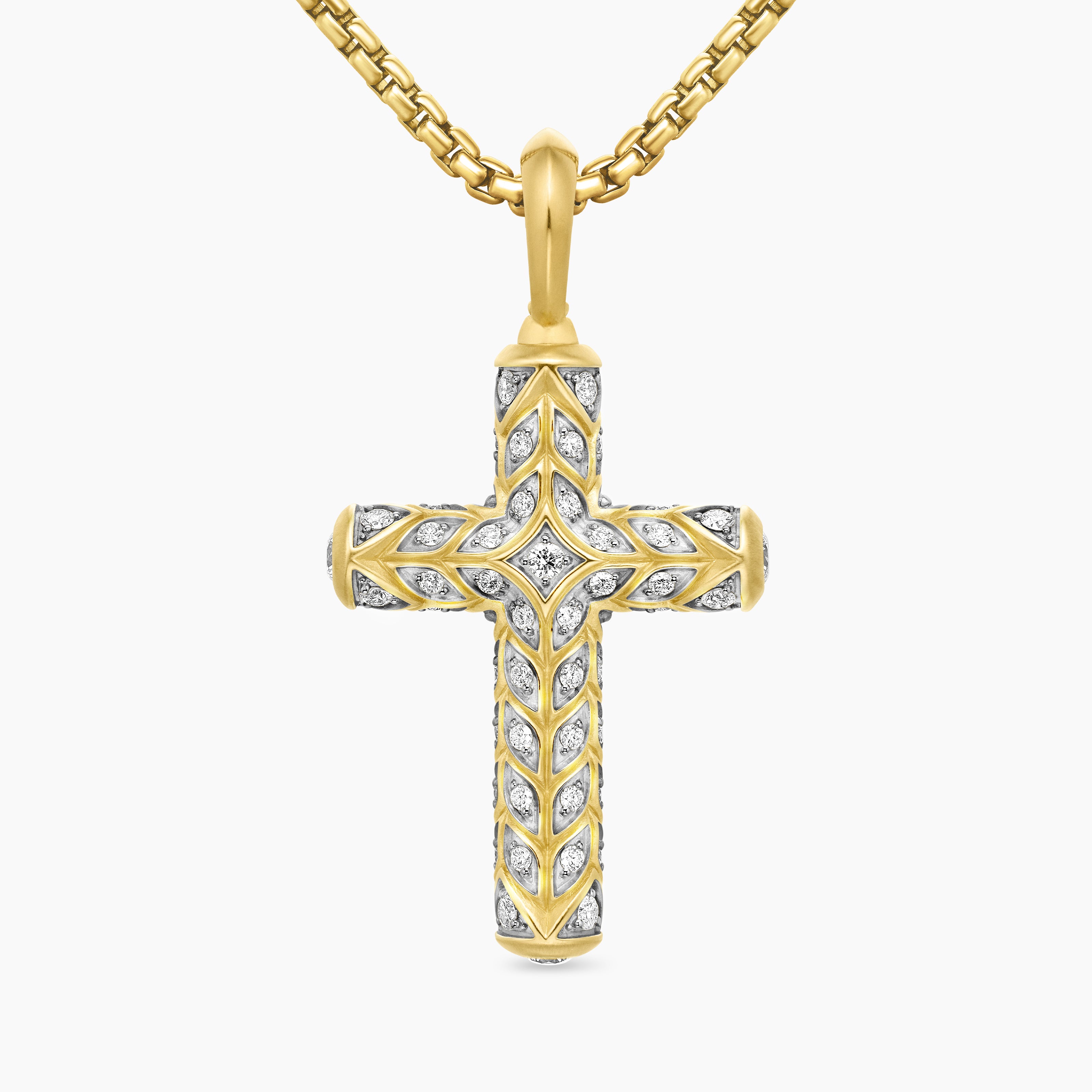Mens Chevron Cross Pendant in 18K Yellow Gold with Pav&eacute; Diamonds, 36mm