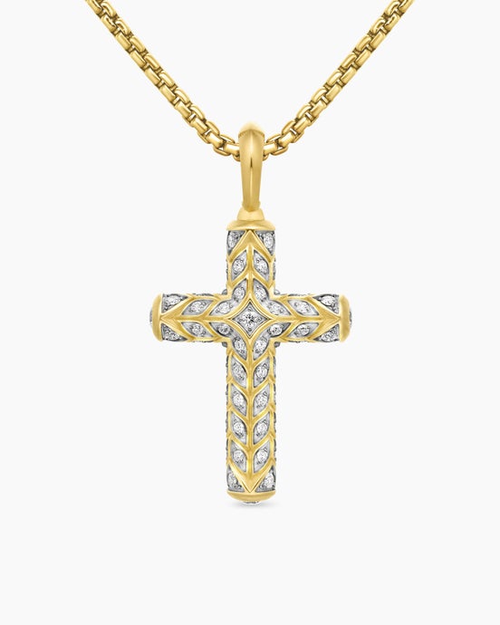 Chevron Cross Pendant in 18K Yellow Gold with Pavé Diamonds, 36mm