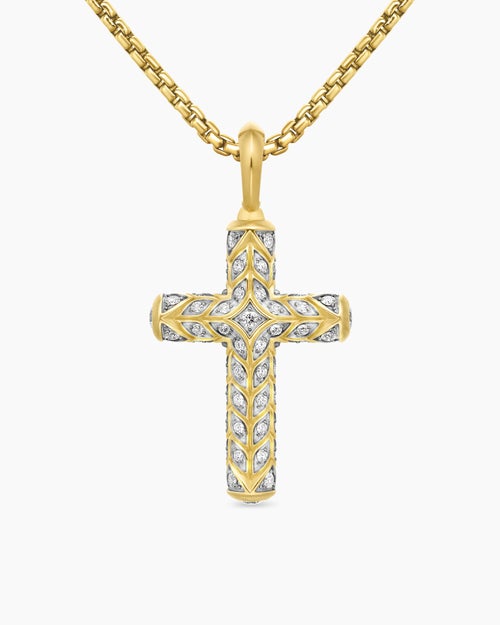Mens Chevron Cross Pendant in 18K Yellow Gold with Pavé Diamonds, 36mm