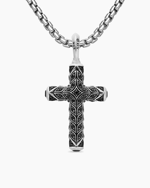 Mens Chevron Cross Pendant in Sterling Silver with Pavé Black Diamonds, 36mm