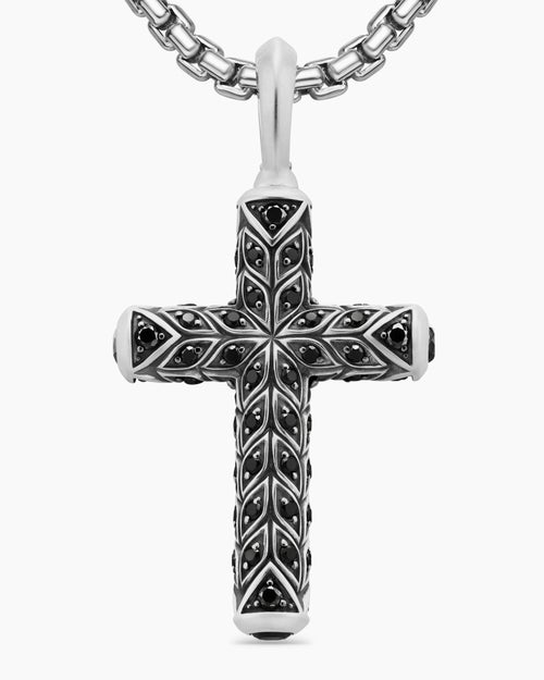 Mens Chevron Cross Pendant in Sterling Silver with Pavé Black Diamonds, 36mm