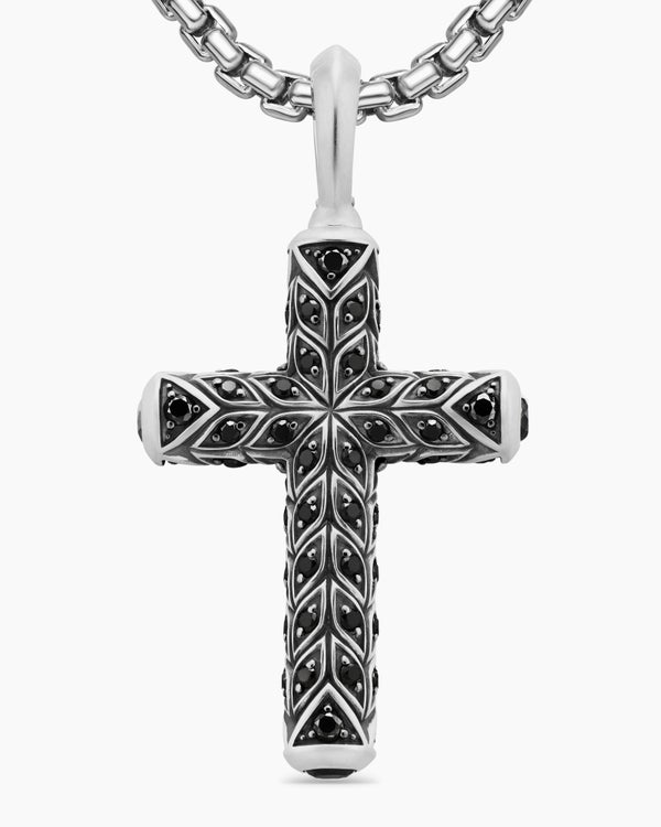 Pendentif croix à chevrons en argent sterling avec diamants noirs, 47 mm