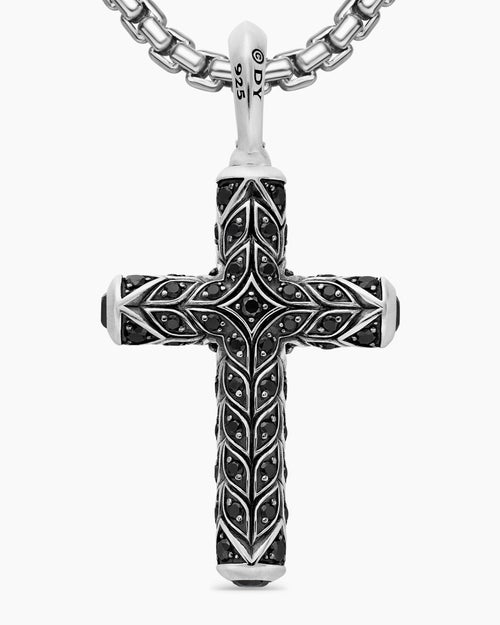 Mens Chevron Cross Pendant in Sterling Silver with Pavé Black Diamonds, 36mm