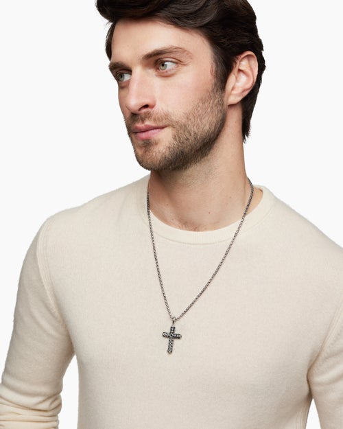 Mens Chevron Cross Pendant in Sterling Silver with Pavé Black Diamonds, 36mm