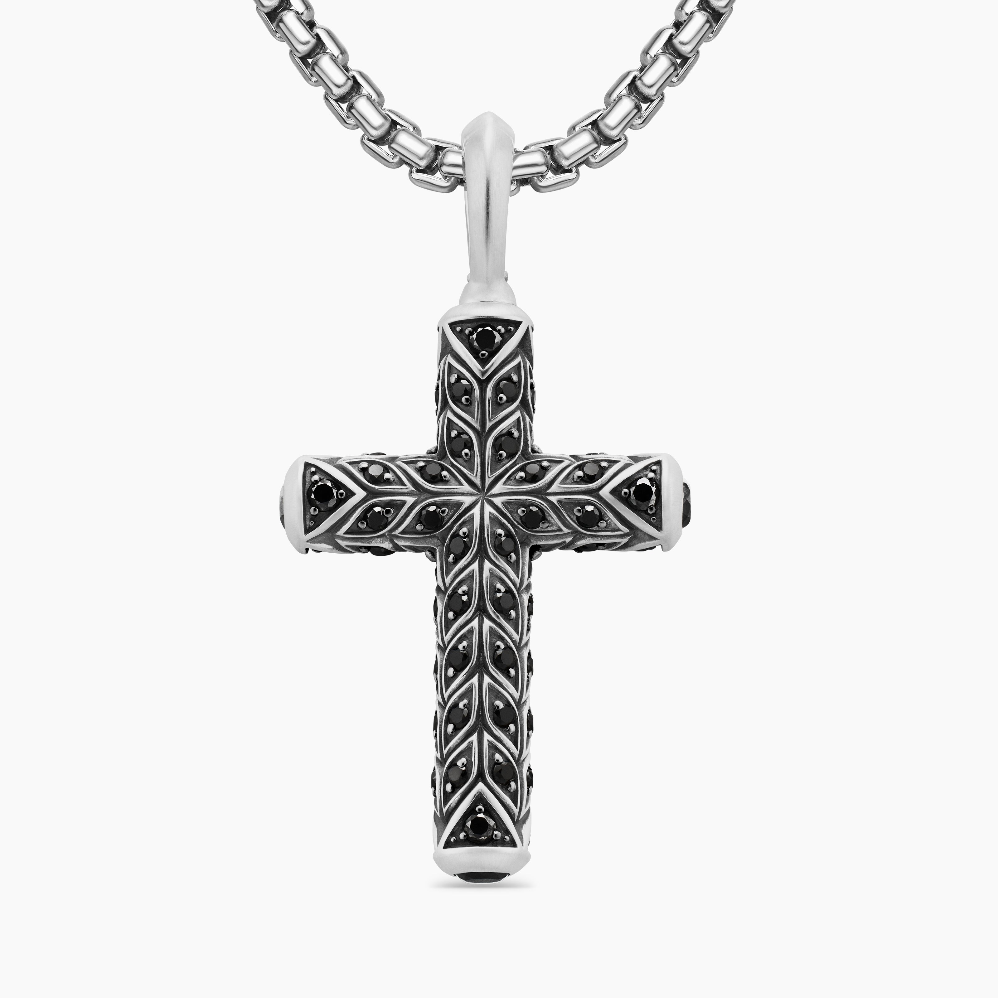 Mens Chevron Cross Pendant in Sterling Silver with Pav&eacute; Black Diamonds, 36mm