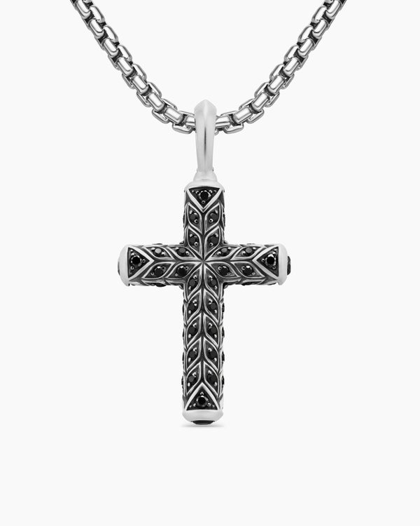 Pendentif croix à chevrons en argent sterling avec diamants noirs, 47 mm