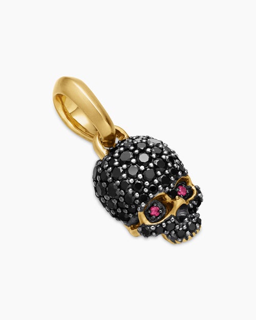 Mens Memento Mori Skull in Full Pavé Black Diamonds, Rubies and 18K Yellow Gold, 14mm