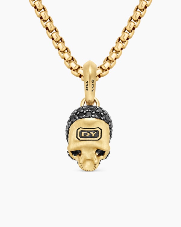 Crâne Memento Mori avec pavé de diamants noirs intégral, rubis et or jaune 18 carats, 14 mm