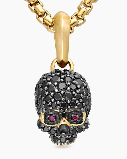 Mens Memento Mori Skull in Full Pavé Black Diamonds, Rubies and 18K Yellow Gold, 14mm