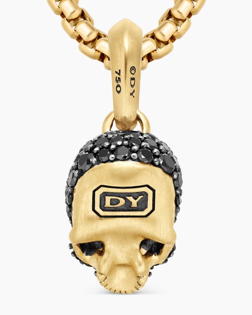 Mens Memento Mori Skull in Full Pavé Black Diamonds, Rubies and 18K Yellow Gold, 14mm