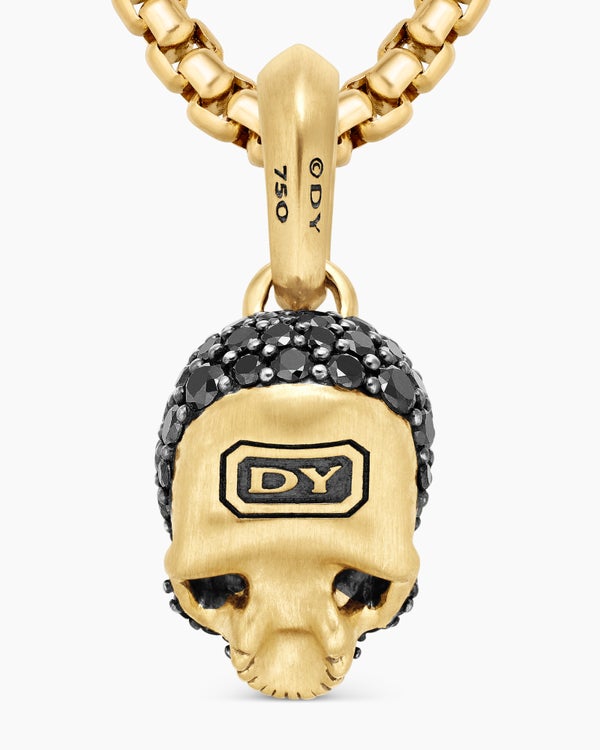 Crâne Memento Mori avec pavé de diamants noirs intégral, rubis et or jaune 18 carats, 14 mm