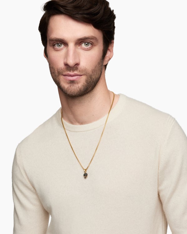 Crâne Memento Mori avec pavé de diamants noirs intégral, rubis et or jaune 18 carats, 14 mm