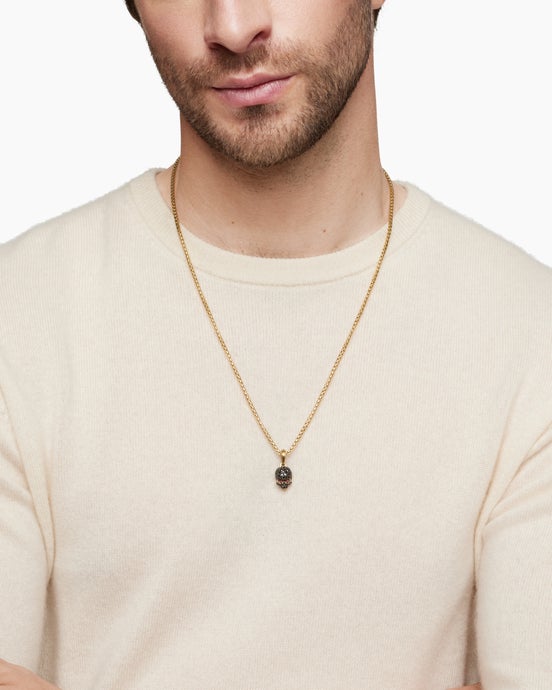 Memento Mori Skull in Full Pavé Black Diamonds, Rubies and 18K Yellow Gold, 14mm