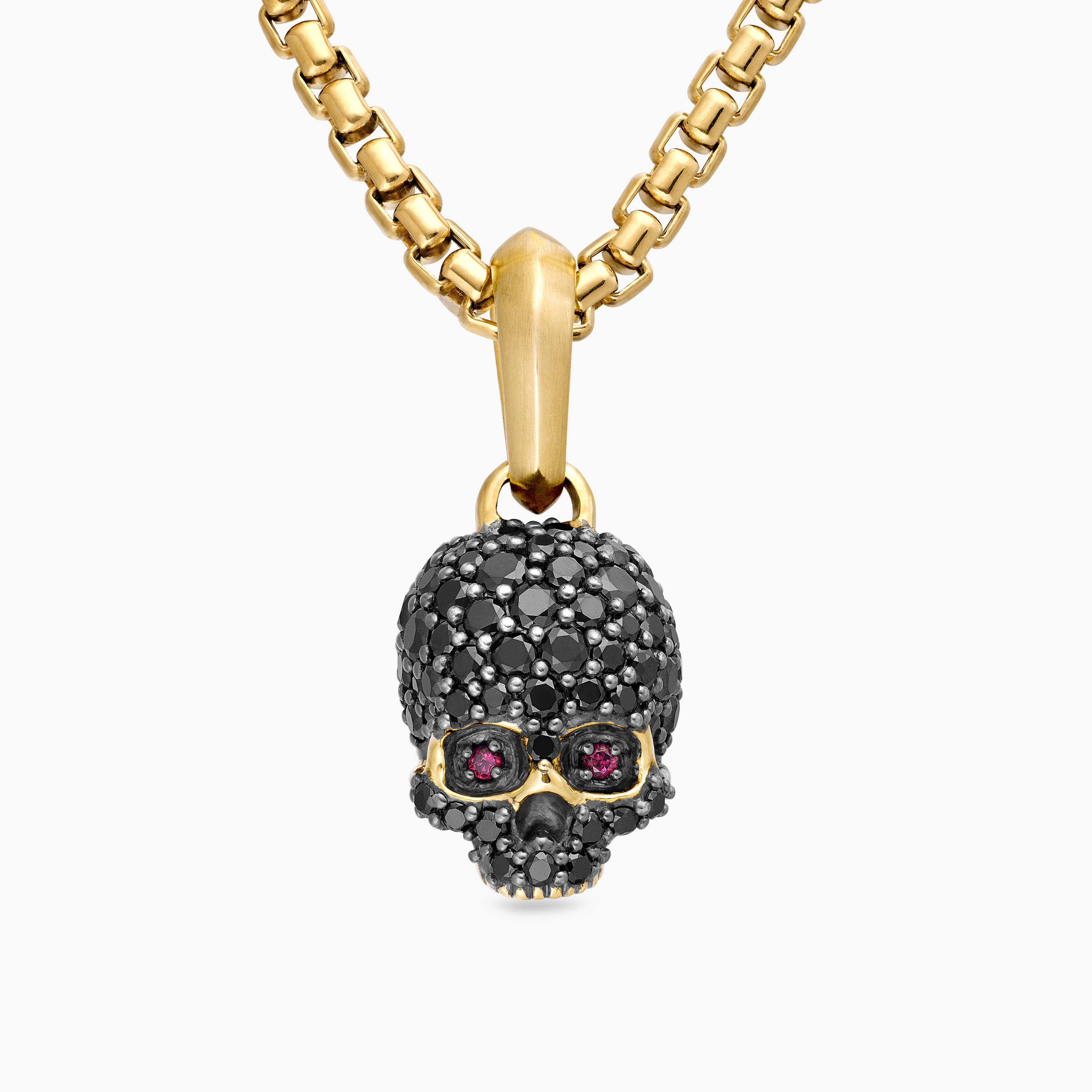 Mens Memento Mori Skull in Full Pav&eacute; Black Diamonds, Rubies and 18K Yellow Gold, 14mm